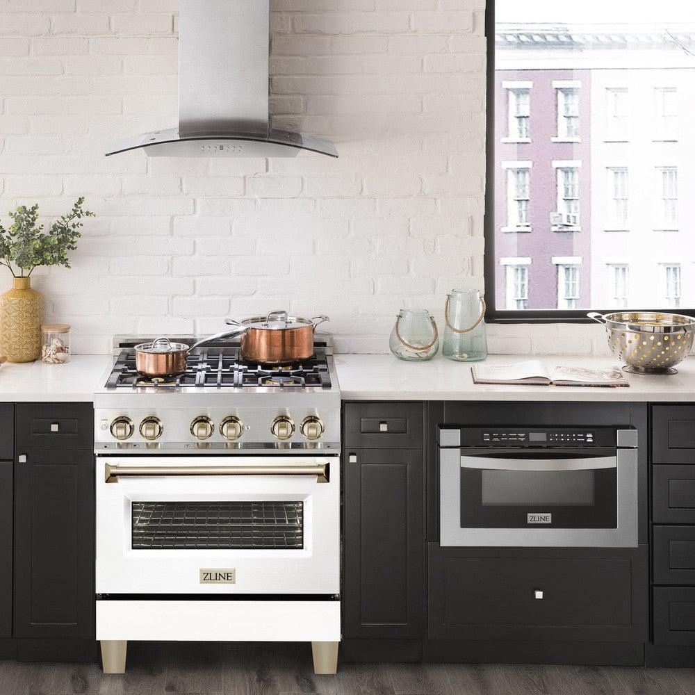 ZLINE Autograph Edition 30 in. 4.0 cu. ft. Legacy Dual Fuel Range with 4 Burner Gas Cooktop and Electric Convection Oven in Stainless Steel with White Matte Door and Polished Gold Accents (RAZ-WM-30-G)
