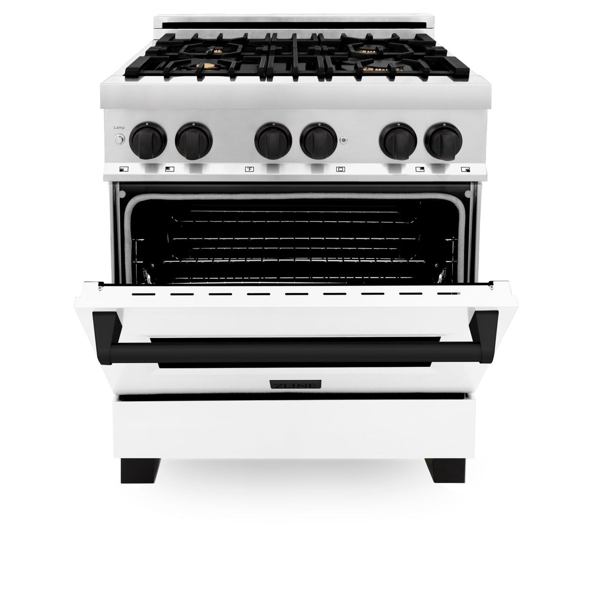 ZLINE Autograph Edition 30 in. 4.0 cu. ft. Dual Fuel Range with Gas Stove and Electric Oven in Stainless Steel with White Matte Door and Matte Black Accents (RAZ-WM-30-MB)