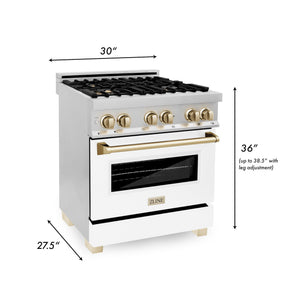 ZLINE Autograph Edition 30 in. 4.0 cu. ft. Legacy Dual Fuel Range with 4 Burner Gas Cooktop and Electric Convection Oven in Stainless Steel with White Matte Door and Polished Gold Accents (RAZ-WM-30-G)