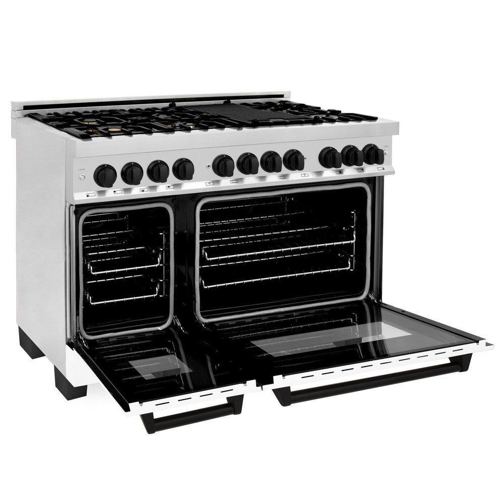ZLINE Autograph Edition 48 in. 6.0 cu. ft. Dual Fuel Range with Gas Stove and Electric Oven in Stainless Steel with White Matte Doors and Matte Black Accents (RAZ-WM-48-MB)