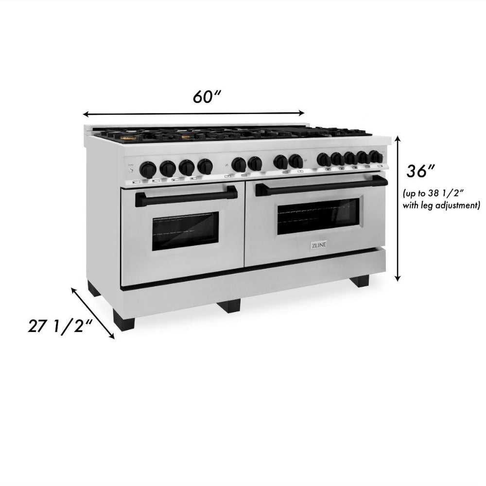ZLINE Autograph Edition 60 in. 7.4 cu. ft. Legacy Dual Fuel Range with 9 Burner Gas Cooktop and 2 Electric Convection Ovens in Stainless Steel and Matte Black Accents (RAZ-60-MB)
