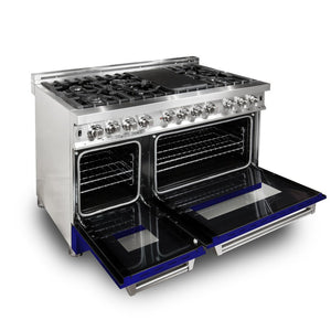 ZLINE 48 in. 6.0 cu. ft. Legacy Dual Fuel Range with 7 Burner Gas Cooktop and 2 Electric Ovens in Stainless Steel and Blue Matte Doors (RA-BM-48)