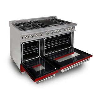 ZLINE 48 in. Kitchen Package with DuraSnow® Stainless Steel Dual Fuel Range with Red Matte Doors and Convertible Vent Range Hood (2KP-RASRMRH48)
