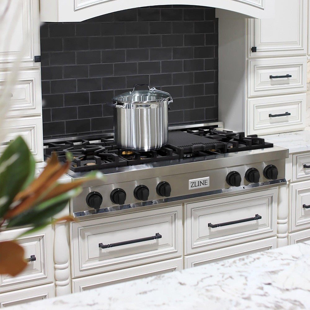 ZLINE Autograph Edition 48 in. Legacy Gas Rangetop with 7 Burners and Porcelain Cooktop in Stainless Steel with Matte Black Accents (RTZ-48-MB)