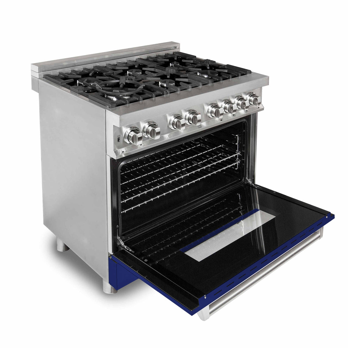 ZLINE 36 in. Dual Fuel Range with Gas Stove and Electric Oven in Stainless Steel with Blue Gloss Door (RA-BG-36)