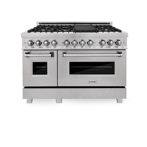 ZLINE 48 in. 6.0 cu. ft. Legacy Dual Fuel Range with Gas Cooktop and 2 Electric Ovens in DuraSnow® Stainless Steel with Brass Burners (RAS-SN-BR-48)
