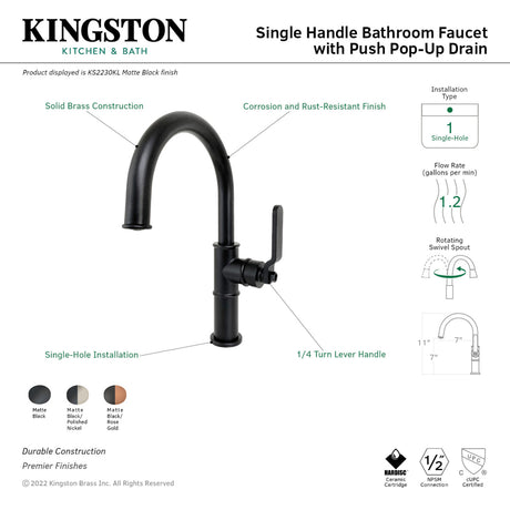 Kingston Brass KS2230KL Whitaker Single-Handle Bathroom Faucet with Push Pop-Up, Matte Black