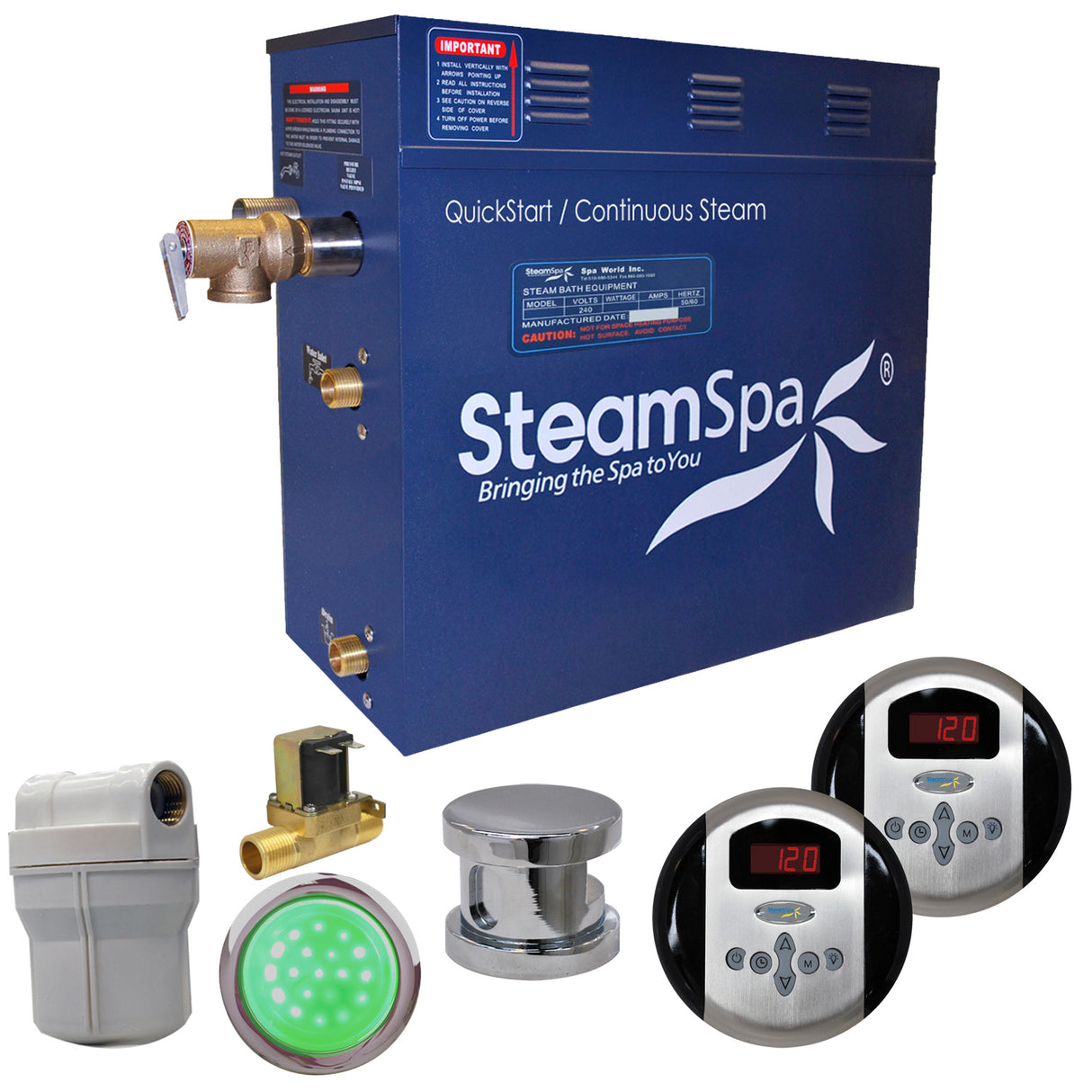 SteamSpa Royal 9 KW QuickStart Acu-Steam Bath Generator Package with Built-in Auto Drain in Polished Chrome RY900CH-A