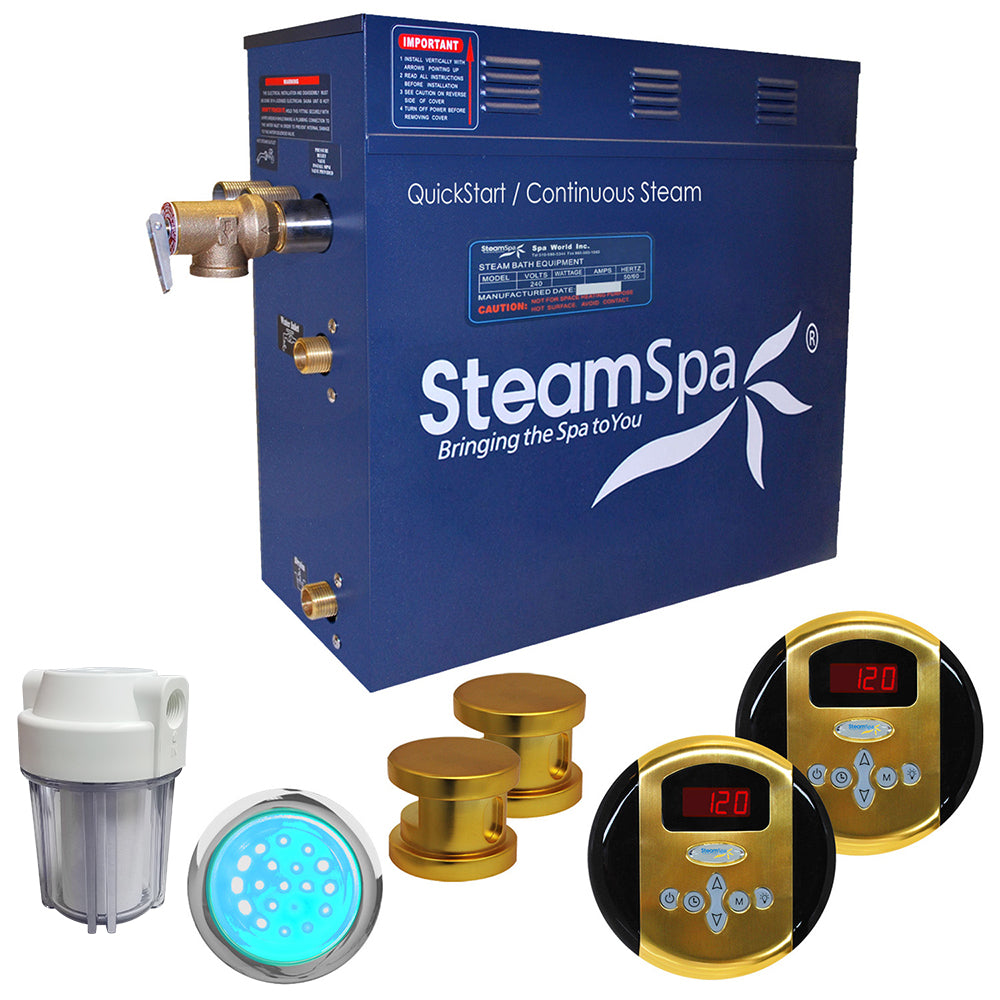SteamSpa Royal 12 KW QuickStart Acu-Steam Bath Generator Package in Polished Gold RY1200GD