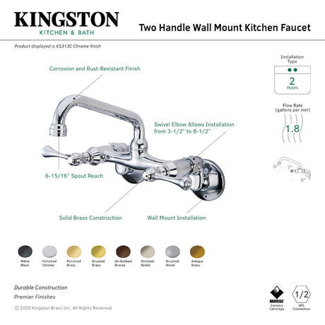 Kingston Brass KS313C Kingston Two Handle Wall Mount Kitchen Faucet, Polished Chrome