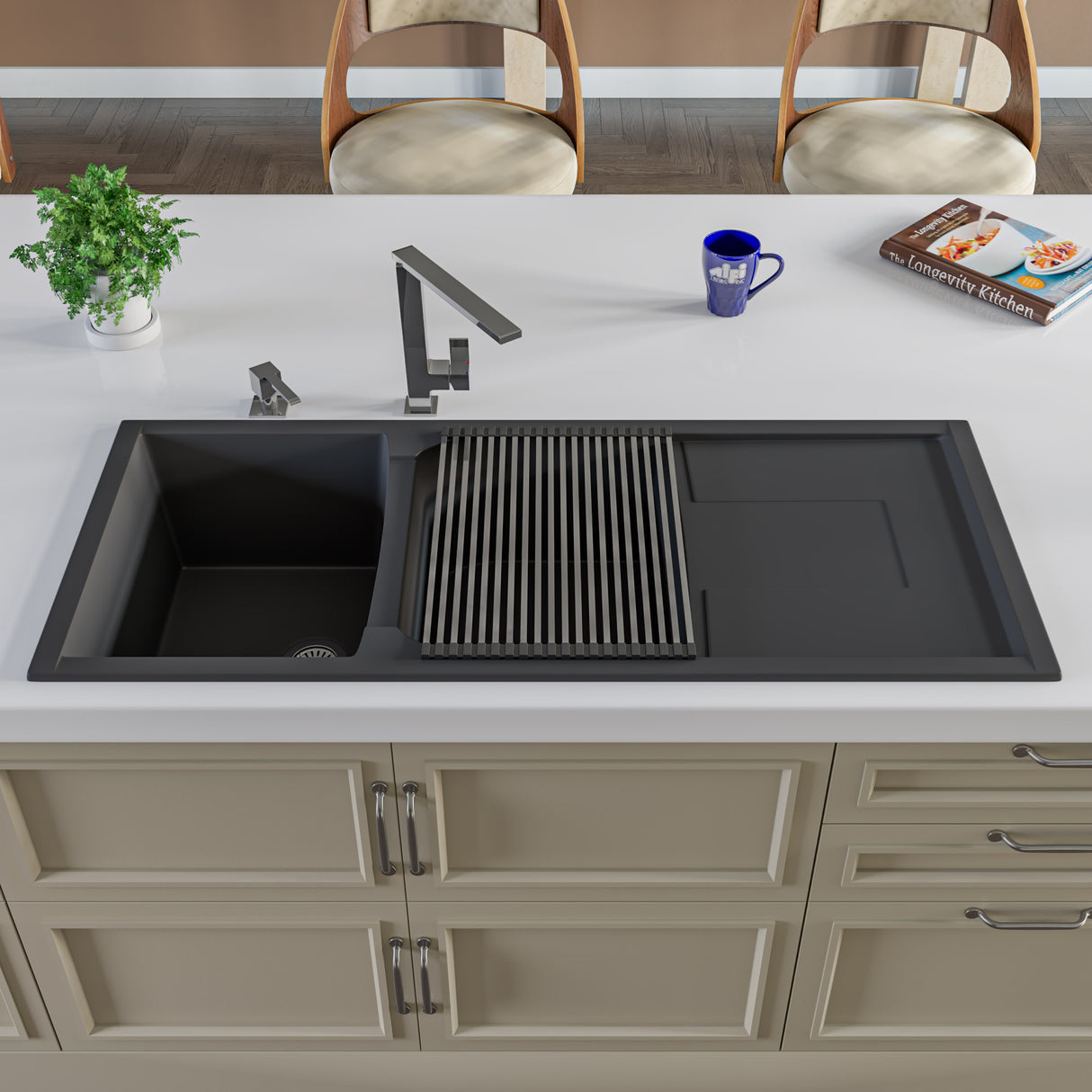 ALFI brand AB4620DI-BLA Black 46" Double Bowl Granite Composite Kitchen Sink with Drainboard