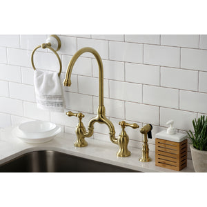 Kingston Brass KS7797ALBS English Country Bridge Kitchen Faucet with Brass Sprayer, Brushed Brass
