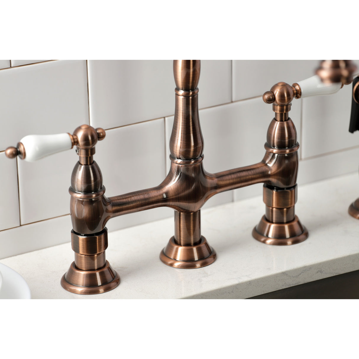 Kingston Brass KS127PLBSAC Heritage Bridge Kitchen Faucet with Brass Sprayer, Antique Copper