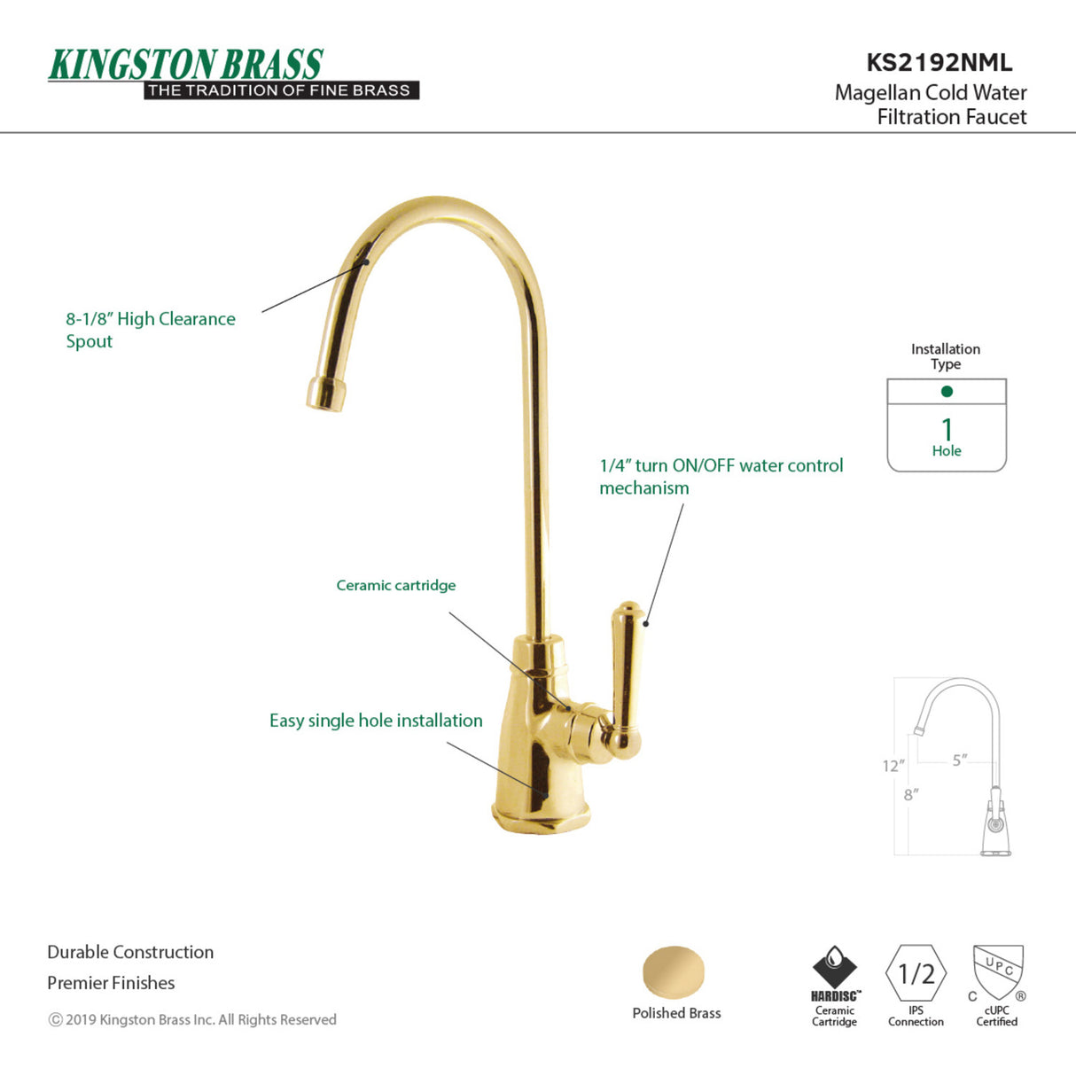 Kingston Brass KS2192NML Magellan Cold Water Filtration Faucet, Polished Brass