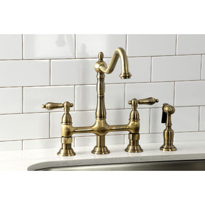 Kingston Brass KS1273ALBS Heritage Bridge Kitchen Faucet with Brass Sprayer, Antique Brass
