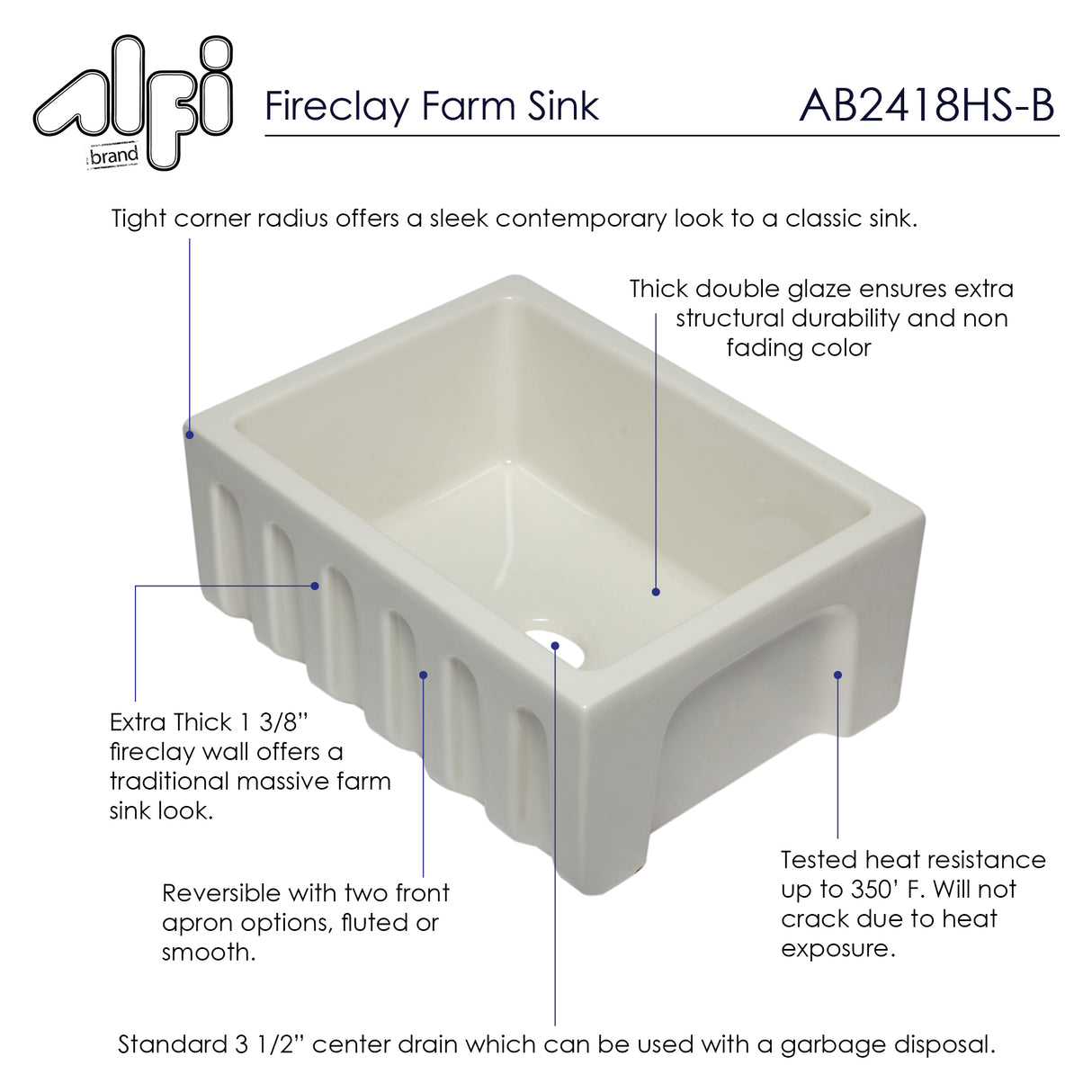 ALFI brand AB2418HS-B 24 inch Biscuit Reversible Smooth / Fluted Single Bowl Fireclay Farm Sink