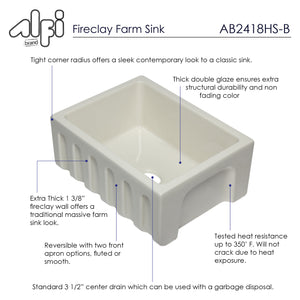 ALFI brand AB2418HS-B 24 inch Biscuit Reversible Smooth / Fluted Single Bowl Fireclay Farm Sink