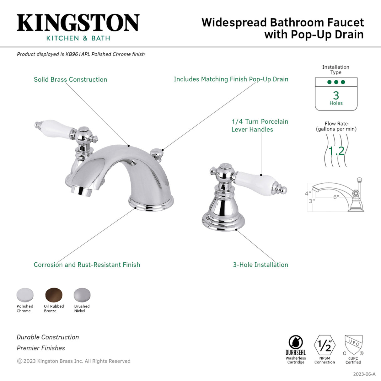 Kingston Brass KB961APL Widespread Bathroom Faucet, Polished Chrome