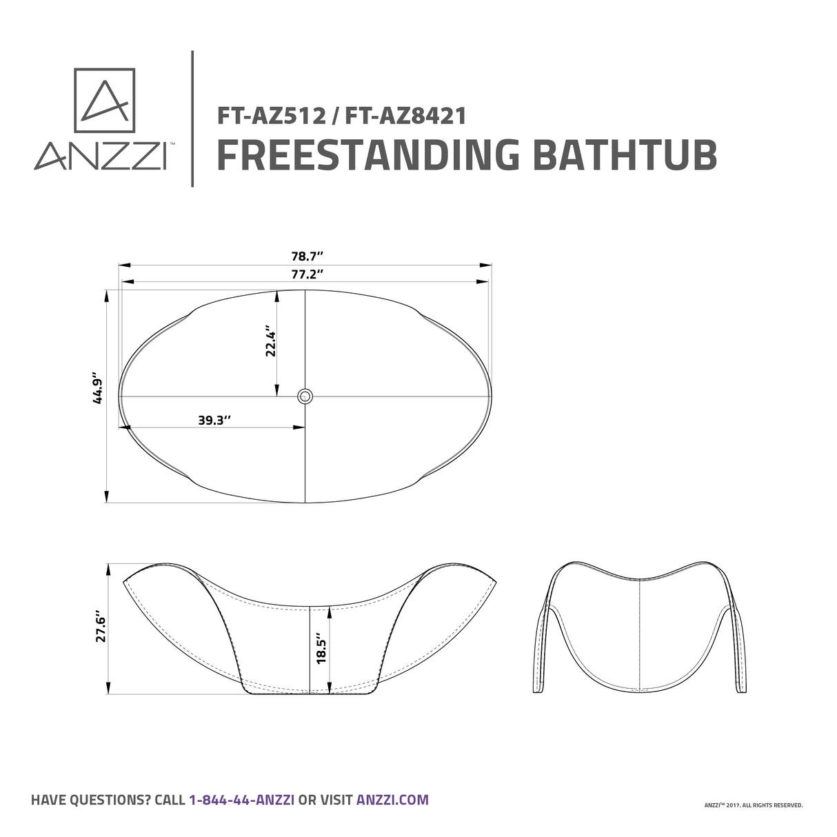 ANZZI FT-AZ512 Cielo 6.5 ft. Solid Surface Center Drain Freestanding Bathtub in Matte White