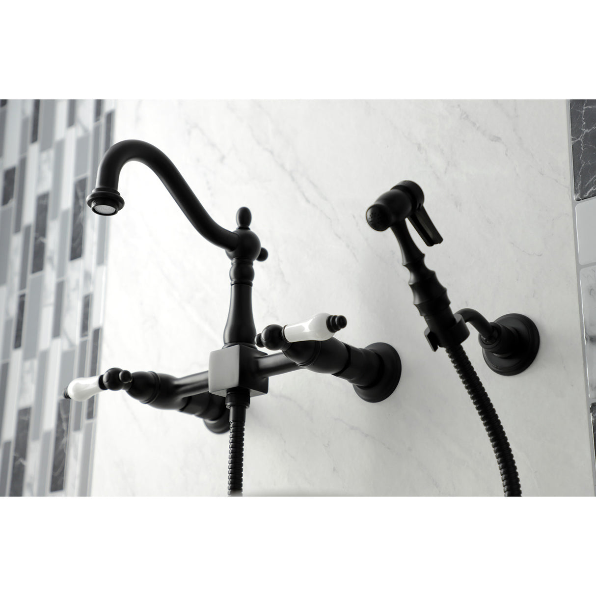 Kingston Brass KS1260PLBS Heritage Wall Mount Bridge Kitchen Faucet with Brass Sprayer, Matte Black