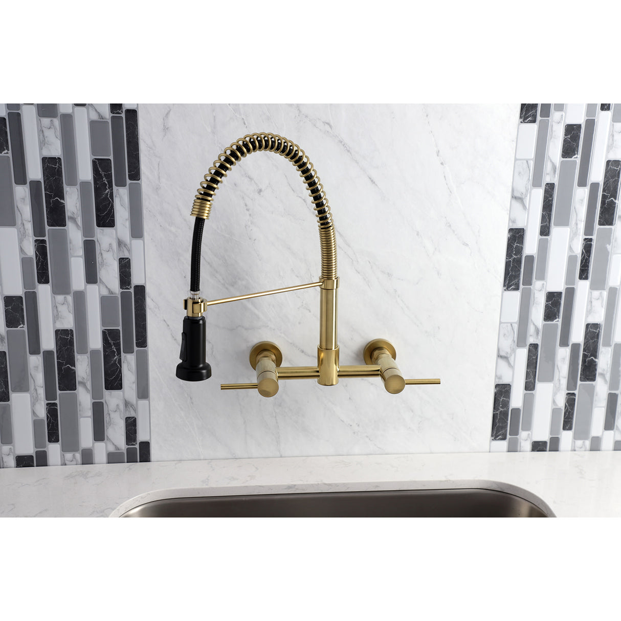 Gourmetier GS8187DL Concord 2-Handle Wall Mount Pull-Down Kitchen Faucet, Brushed Brass