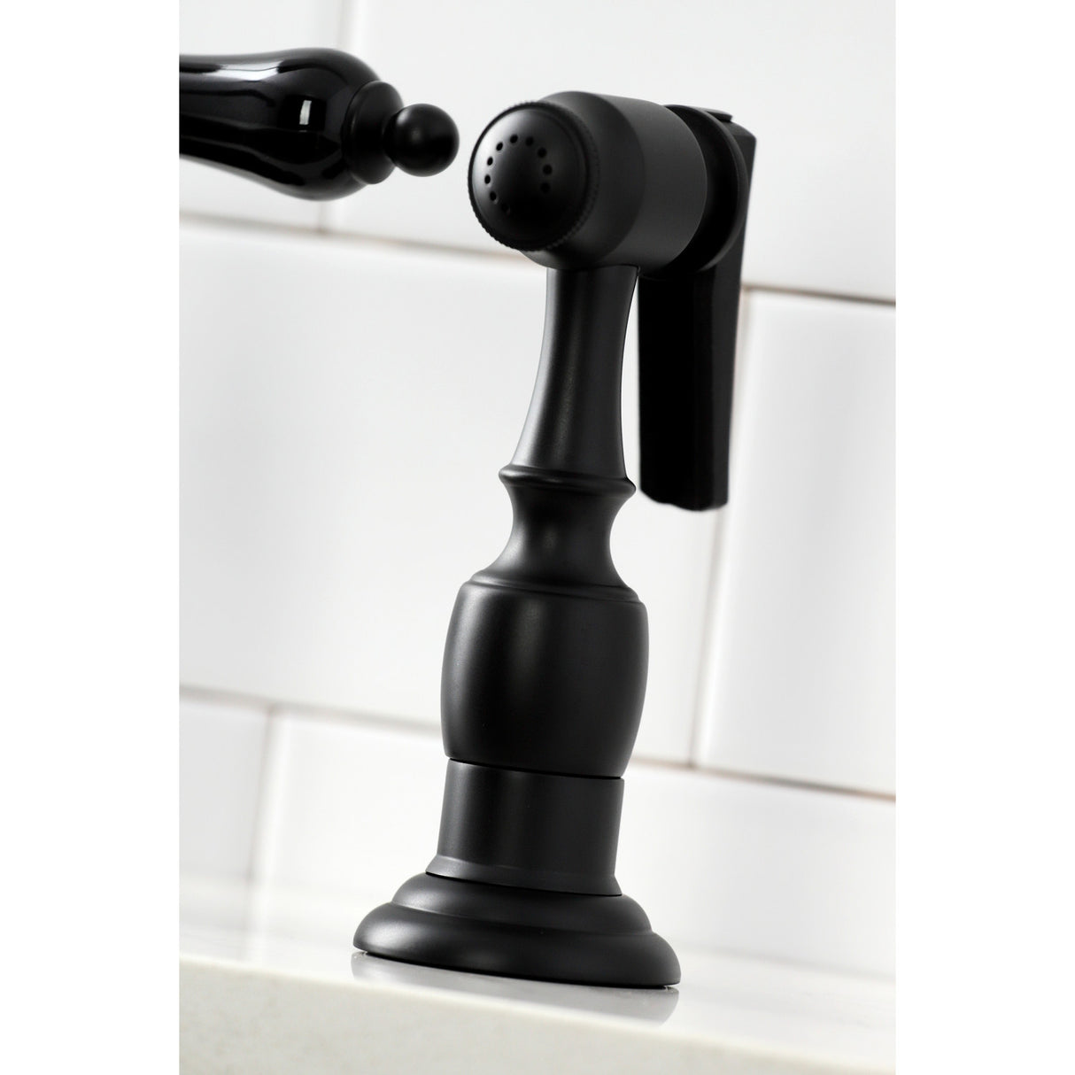 Kingston Brass KS3270PKLBS Duchess Bridge Kitchen Faucet with Brass Sprayer, Matte Black