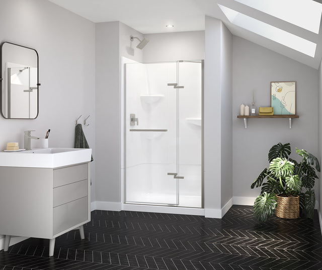 MAAX 139577-900-305-000 Reveal Sleek 71 41 ½-44 ½ x 71 ½ in. 8mm Pivot Shower Door for Alcove Installation with Clear glass in Brushed Nickel