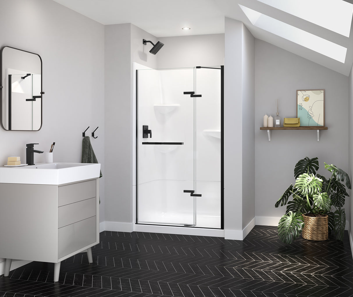 MAAX 139577-900-340-000 Reveal Sleek 71 41 ½-44 ½ x 71 ½ in. 8mm Pivot Shower Door for Alcove Installation with Clear glass in Matte Black