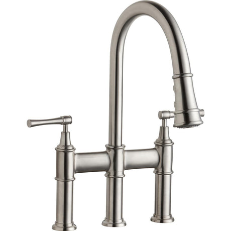 Elkay LKEC2037LS Elkay Explore Three Hole Bridge Faucet with Pull-down Spray and Lever Handles Lustrous Steel