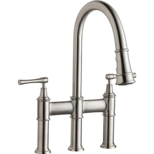 Elkay LKEC2037LS Explore Three Hole Bridge Faucet with Pull-down Spray and Lever Handles, Lustrous Steel