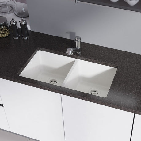 Rene R3-1002-IVR-ST-CGF Rene R3-1002-IVR-ST-CGF Ivory Equal Double Bowl Composite Granite Kitchen Sink with Two Grids and Matching Colored Strainer and Flange