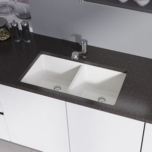 R3-1002-IVR-ST-CGF Ivory Equal Double Bowl Quartz Kitchen Sink with Two Grids and Matching Colored Strainer and Flange