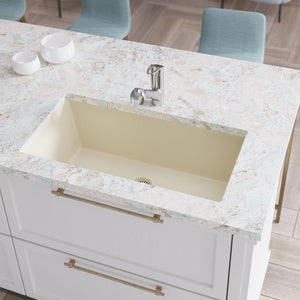 R3-1006-ECR-ST-CGS Ecru Single Bowl Undermount Quartz Granite Kitchen Sink with Grid and Matching Colored Strainer