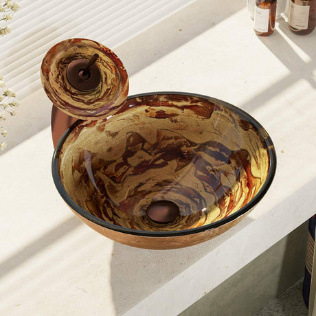 Rene R5-5029-WF-ORB Rene R5-5029-WF-ORB Foil Undertone Glass Vessel Sink with Oil Rubbed Bronze Waterfall Faucet, Sink Ring, and Vessel Pop-Up Drain