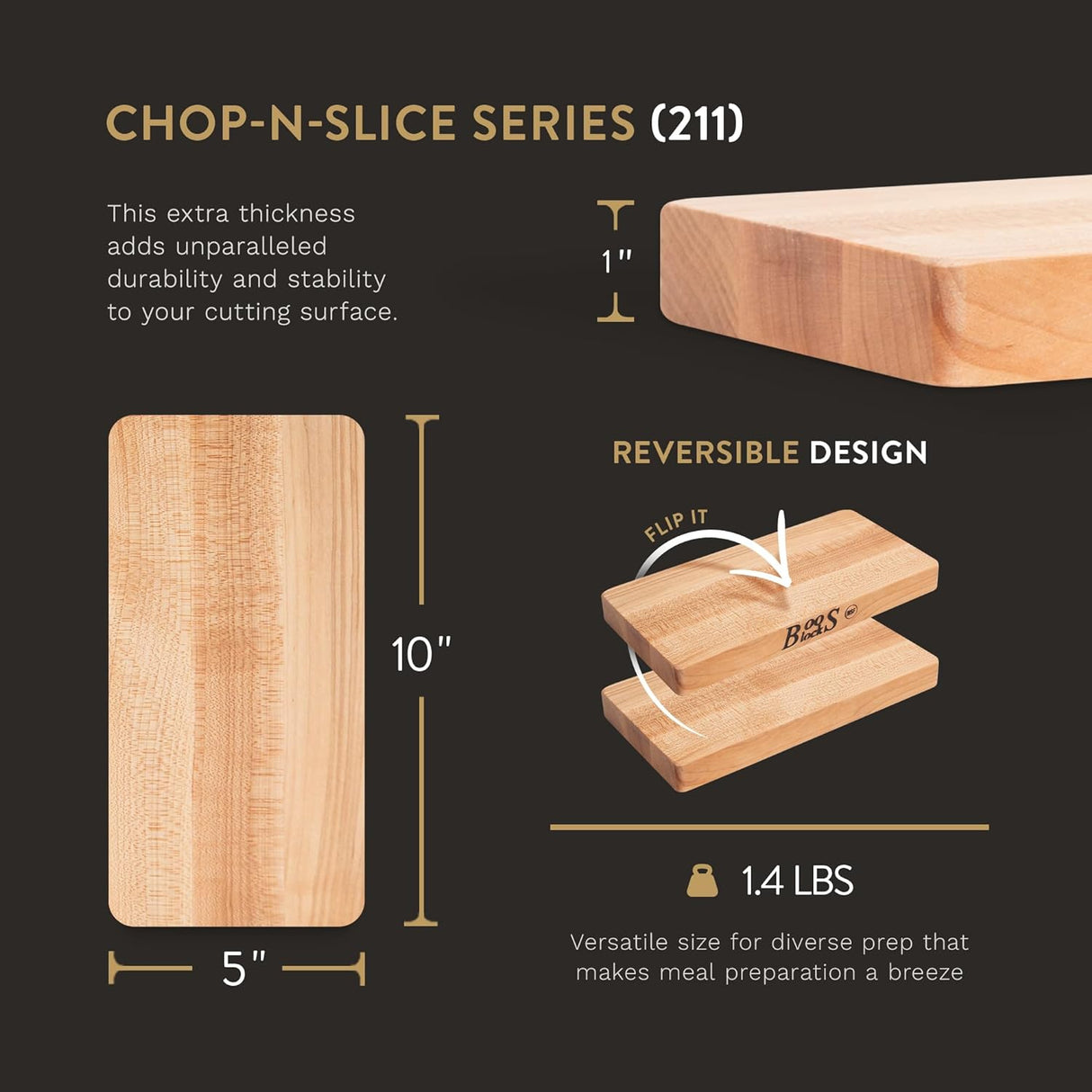 John Boos Chop-N-Slice Maple Wood Cutting Board for Kitchen Prep, 1" Thick, Small, Edge Grain, Rectangle Charcuterie Boos Block, 16" x 10", Reversible