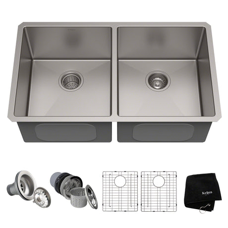 Kraus KHU102-33 Kraus KHU102-33 33 Inch Undermount 50/50 Double Bowl 16 Gauge Stainless Steel Kitchen Sink w/ NoiseDefend Soundproofing