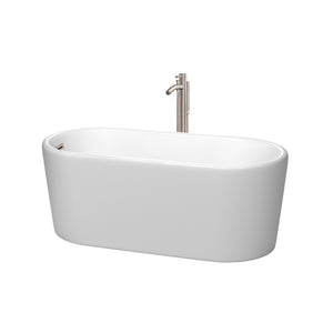 Ursula 59 Inch Freestanding Bathtub in Matte White with Floor Mounted Faucet Drain and Overflow Trim in Brushed Nickel