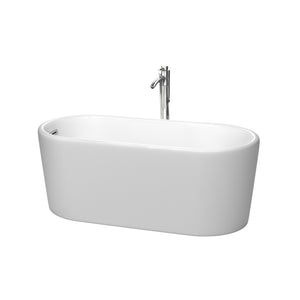 Ursula 59 Inch Freestanding Bathtub in Matte White with Floor Mounted Faucet Drain and Overflow Trim in Polished Chrome