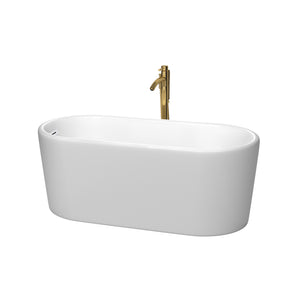 Ursula 59 Inch Freestanding Bathtub in Matte White with Shiny White Trim and Floor Mounted Faucet in Brushed Gold