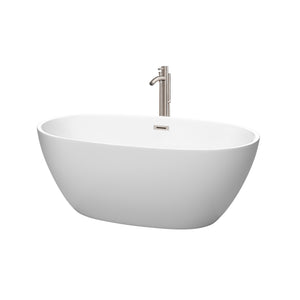 Juno 59 Inch Freestanding Bathtub in Matte White with Floor Mounted Faucet Drain and Overflow Trim in Brushed Nickel
