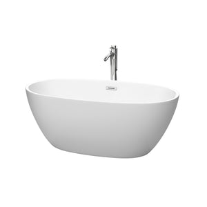 Juno 59 Inch Freestanding Bathtub in Matte White with Floor Mounted Faucet Drain and Overflow Trim in Polished Chrome