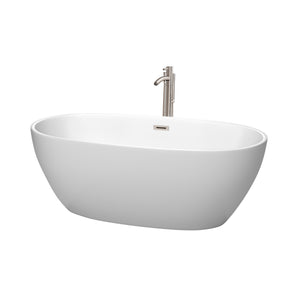 Juno 63 Inch Freestanding Bathtub in Matte White with Floor Mounted Faucet Drain and Overflow Trim in Brushed Nickel