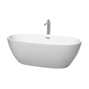 Juno 67 Inch Freestanding Bathtub in Matte White with Floor Mounted Faucet Drain and Overflow Trim in Brushed Nickel
