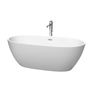 Juno 67 Inch Freestanding Bathtub in Matte White with Floor Mounted Faucet Drain and Overflow Trim in Polished Chrome