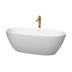 Juno 67 Inch Freestanding Bathtub in Matte White with Shiny White Trim and Floor Mounted Faucet in Brushed Gold