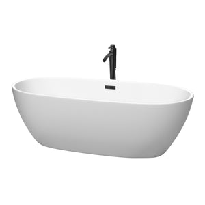 Juno 71 Inch Freestanding Bathtub in Matte White with Floor Mounted Faucet Drain and Overflow Trim in Matte Black
