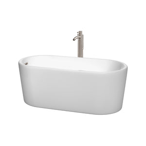 Ursula 59 Inch Freestanding Bathtub in White with Floor Mounted Faucet Drain and Overflow Trim in Brushed Nickel