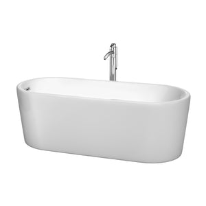 Ursula 67 Inch Freestanding Bathtub in White with Floor Mounted Faucet Drain and Overflow Trim in Polished Chrome