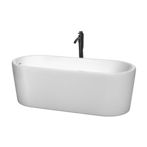 Ursula 67 Inch Freestanding Bathtub in White with Shiny White Trim and Floor Mounted Faucet in Matte Black
