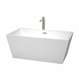 Sara 59 Inch Freestanding Bathtub in White with Floor Mounted Faucet Drain and Overflow Trim in Brushed Nickel